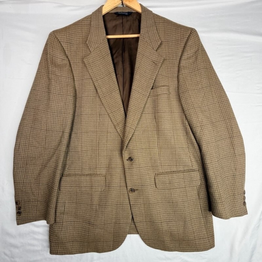 Burberrys Vintage Mens Glen Plaid Blazer Sport Coat Brown Check Two Button 46R